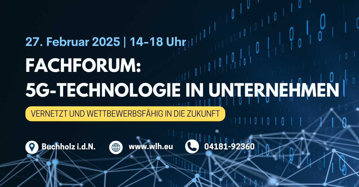 Grafik mit relevanten Informationen zum Fachforum 5G-Technologie in Unternehmen.