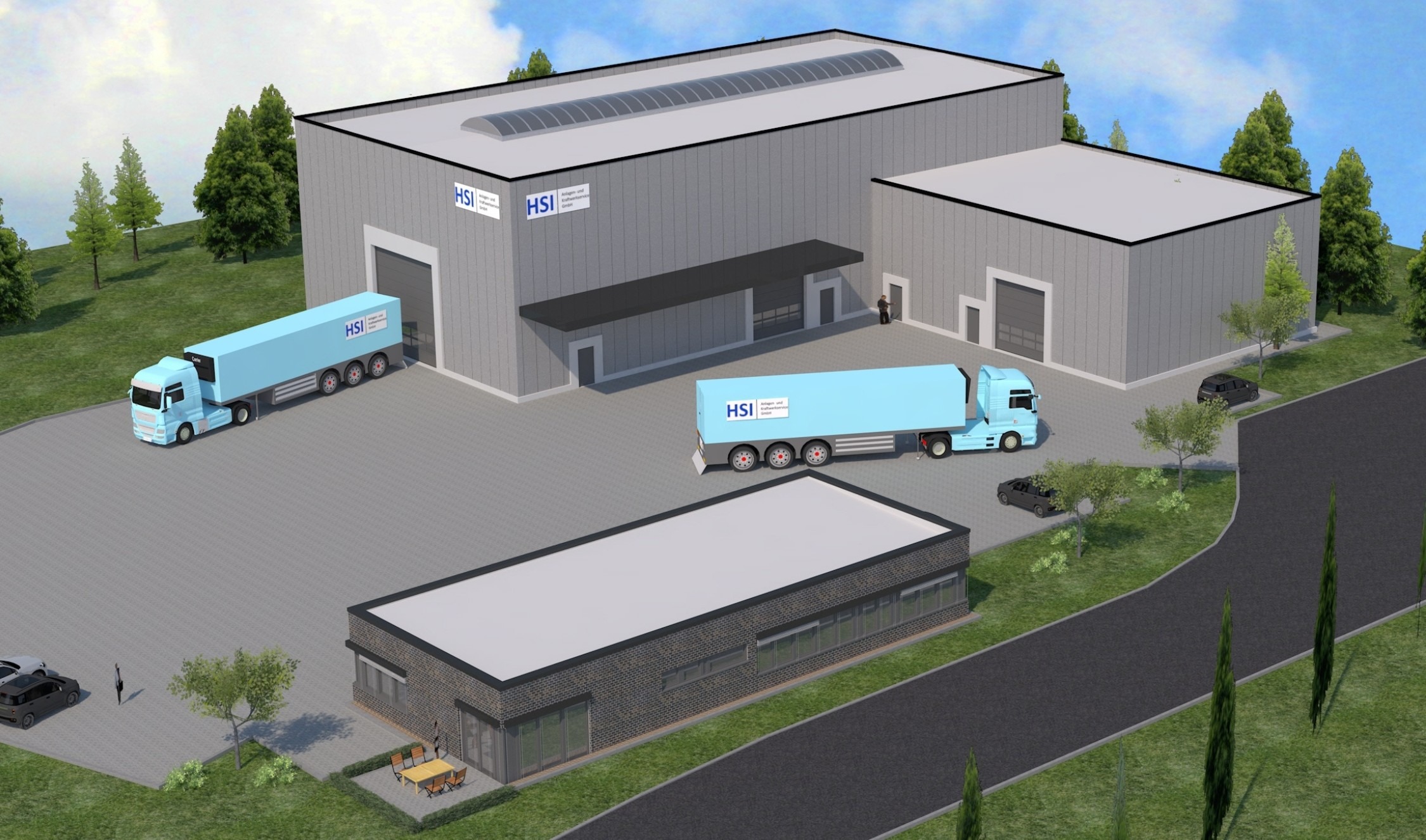 Visualisierung des Neubaus der HSI Anlagen- und Kraftwerkservice GmbH. Grafik: Bartram Bau-System / HSI